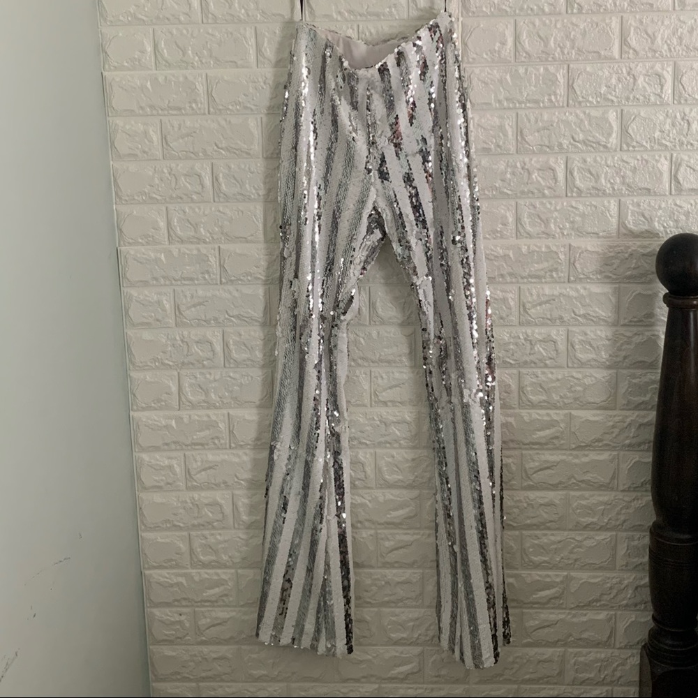 Forever 21 Silver Sequin Striped Flare Pants